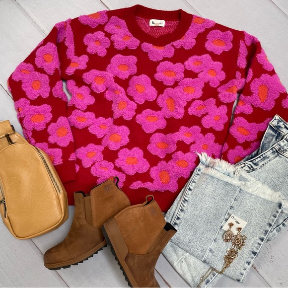 Pink fuchsia Sherpa floral flower print embroidered bohemian oversized sweater - Picture 5 of 10